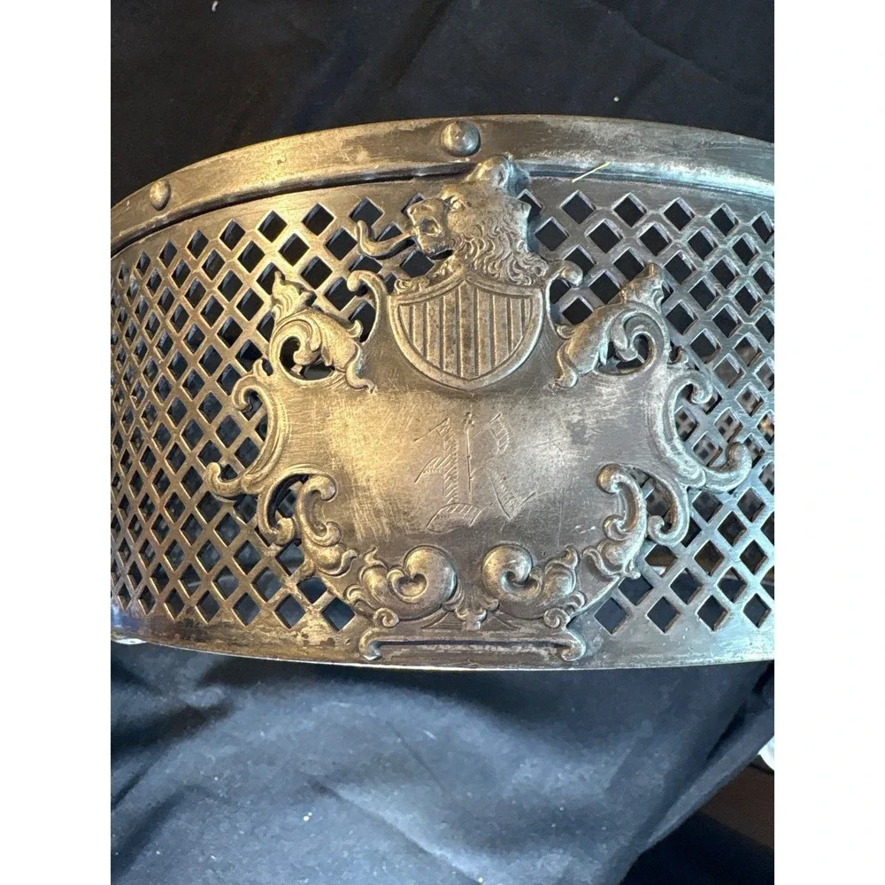Antique Ornate Metal Basket with Crest Handles Table Decor Collectible Accent